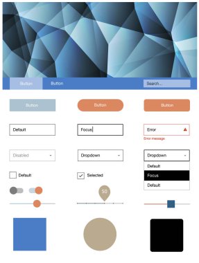 Açık mavi, sarı vektör tasarım UI kiti ile mozaik. Basit malzeme tasarım kiti ile üçgen renkli mozaik. Bu web siteleri için kullanabileceğiniz şablon.