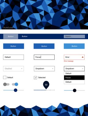 Koyu mavi vektör web UI kiti poligonal tarzı. Basit malzeme tasarım kiti ile üçgen renkli mozaik. Bu örnek için sitesidir.