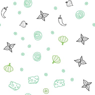 Işık yeşil vektör taze malzemelerle seamless modeli. Glitter gurme gıda ile soyut kroki. Desen reklamlar Kahvaltı, Öğle Yemeği, akşam yemeği için.