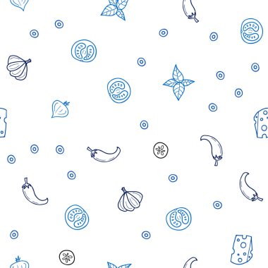 Hafif mavi vektör taze malzemelerle seamless modeli. Glitter gurme gıda ile soyut kroki. Reklam, kitapçıklar, broşürler restoranlar için desen.