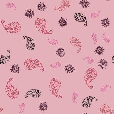 Hafif pembe, kırmızı vektör sorunsuz doodle doku ile yaprak ve çiçekler. Renkli resimde doodle tarzı yaprakları, çiçekleri ile. İşiniz için en iyi bulanık tasarım.