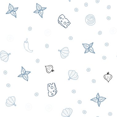 Hafif mavi vektör taze malzemelerle seamless modeli. Dekoratif illüstrasyon gıda ile soyut şablonunda parlayan. Desen reklamlar Kahvaltı, Öğle Yemeği, akşam yemeği için.