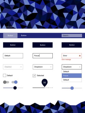 Koyu mavi vektör tasarım UI kiti ile mozaik. UI Ux kiti başlığını poligonal renkli arka plan ile. Web siteleri, açılış sayfaları için güzel düzeni.