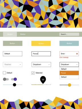 Açık mavi, sarı vektör web UI kiti poligonal tarzı. Dekoratif UI takımı tasarım renkli kristaller ile soyut tarzda. Açılış sayfanız için modern şablon.