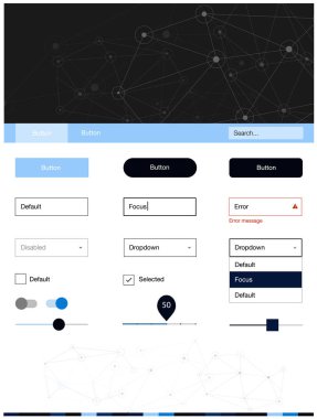 Koyu mavi vektör UI ux kiti daireler ile üçgen tarzı. UI takımı tasarım renkli kristaller, soyut tarzda daireler. Sen-ebilmek kullanma için açılış sayfaları bu şablonu.
