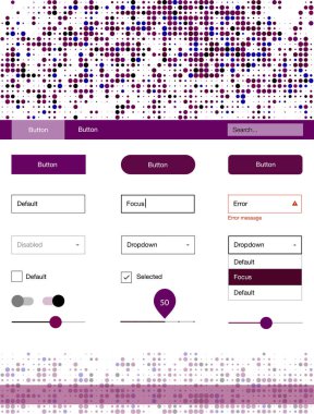 Koyu pembe, mavi malzeme tasarım kiti noktalar ile vektör. Güzel UI ux kiti ile onun üstbilgisindeki renkli noktalar. Bu örnek açılış sayfanız için mu.