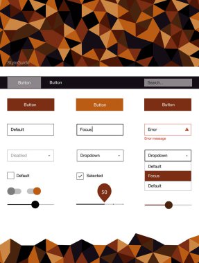 Koyu turuncu vektör UI ux kiti üçgen tarzı. Arka plan üzerinde renkli stil rehberi üçgenler ile. Web siteleri, açılış sayfaları için güzel düzeni.