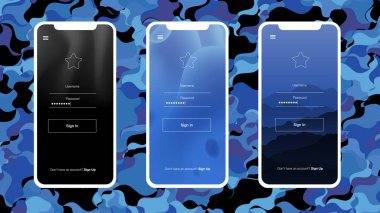 Hafif mavi vektör web UI kiti ile cep telefonu. Cep telefonu Glitter Illustration degrade şekilleri ile. Mobil araçlar için modern şablonu.