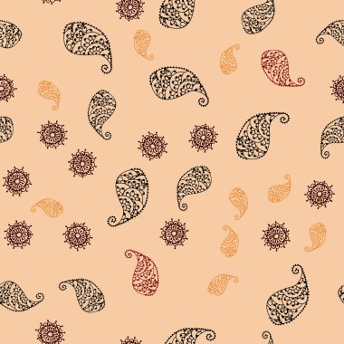 Koyu kırmızı, sarı yaprak ve çiçek ile sorunsuz zarif duvar kağıdı vektör. Yaprakları doodle tarzı ile renkli soyut resimde. Desen renkli kitap ve sayfaların çocuklar için için.