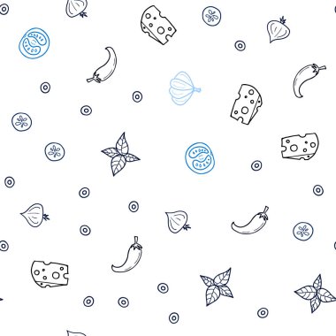 Koyu mavi vektör lezzetli yemekler ile sorunsuz arka plan. Fast Food renkli gradyan ile bulanık arka plan üzerinde. Desen menüsü kafeteryalar, barlar, restoranlar için.