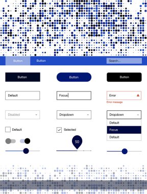 Koyu mavi vektör UI kiti noktalı. Arka plan üzerinde renkli stil rehberi daireler ile. Bu örnek için sitesidir.