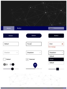 Koyu mavi vektör web UI kiti poligonal tarzı daireler ile. UI takımı tasarım renkli kristaller, soyut tarzda daireler. Açılış sayfanız için modern şablon.