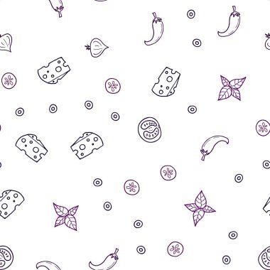 Koyu pembe vektör lezzetli atıştırmalıklar ile sorunsuz doku. Resimde dizi doodle tarzı taze yiyecek. Desen menüsü kafeteryalar, barlar, restoranlar için.