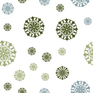 Açık mavi, yeşil vektör sorunsuz doku renkli kar taneleri ile. Parlayan illüstrasyon kar Noel tarzı ile renkli. Desen tasarım kumaş, duvar kağıtları.