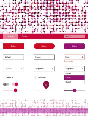 Koyu mor, pembe vektör tasarım UI kiti noktalı. Arka plan üzerinde renkli stil rehberi daireler ile. Web siteleri için basit renkli tasarım.