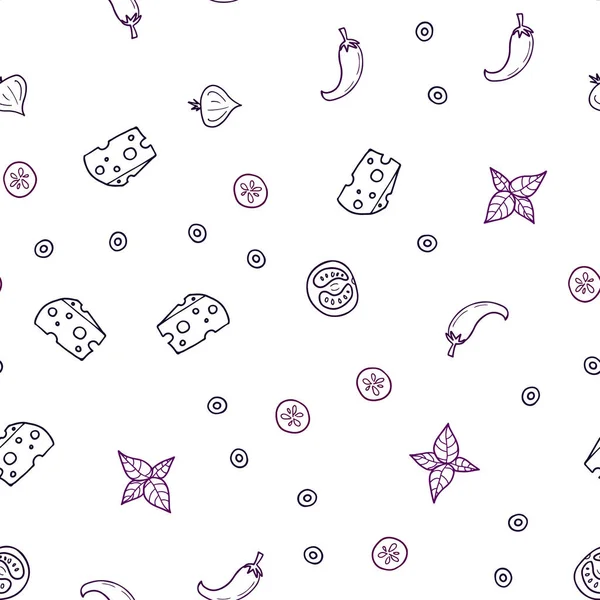 Koyu pembe vektör lezzetli atıştırmalıklar ile sorunsuz doku. Resimde dizi doodle tarzı taze yiyecek. Desen menüsü kafeteryalar, barlar, restoranlar için.