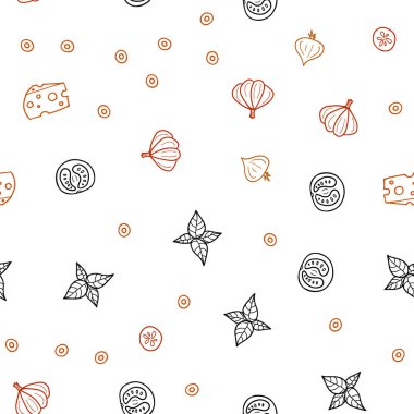 Koyu turuncu vektör taze malzemelerle seamless modeli. Gıda doodle tarzı ile güzel renkli resimde. Mutfakta yemek yemek için şablon.