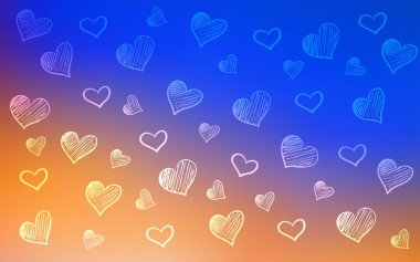 Açık mavi, sarı doodle yürekleri vektör şablonu. Bulanık dekoratif tasarım kalpler ile doodle tarzında. Karnaval, festival romantik broşürler için desen.