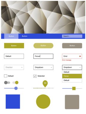 Açık mavi, vektör malzeme tasarım kiti çizgili sarı. Arka plan üzerinde renkli stil rehberi üçgenler ile. Bu örnek için sitesidir.