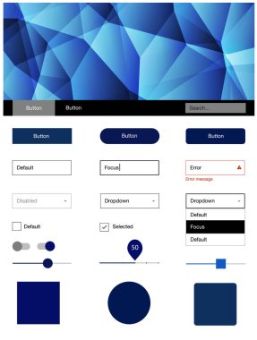 Koyu mavi vektör tel kafes kiti kristalleri ile. Basit malzeme tasarım kiti ile üçgen renkli mozaik. Açılış sayfanız için modern şablon.