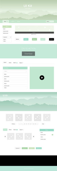 Light BLUE vector web ui kit with mountains. Beautiful ui ux kit with colorful mountains in its header. Template for website of outdoor activities.