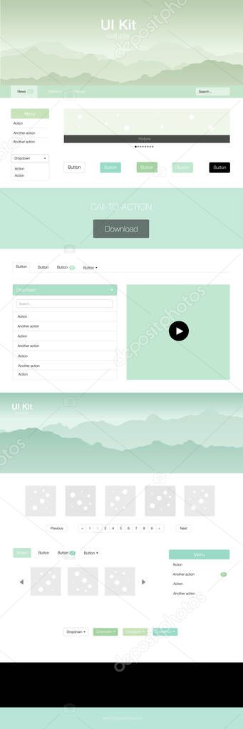 Light BLUE vector web ui kit with mountains. Beautiful ui ux kit with colorful mountains in its header. Template for website of outdoor activities.