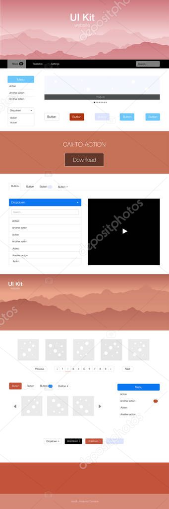 Light Blue, Red vector style guide with mountains. Beautiful ui ux kit with colorful mountains in its header. Simple colorful design for tourist websites.