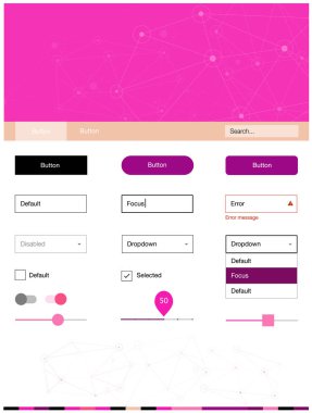 Hafif pembe, sarı vektör web UI kiti poligonal tarzı daireler ile. Web Kullanıcı arabirimi kiti ile soyut üçgenler, başlığını çevrelerde. Bu web siteleri için kullanabileceğiniz şablon.