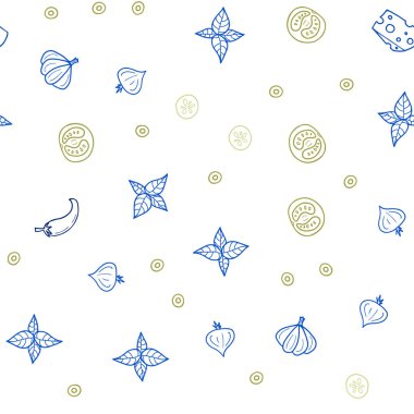 Açık mavi, yeşil vektör sorunsuz kapak mutfak gurme ile. Dekoratif illüstrasyon gıda ile soyut şablonunda parlayan. Kafe işletme reklamınız için tasarım doodle.