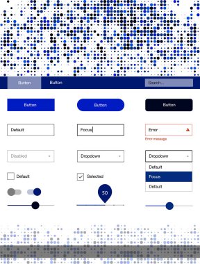 Koyu mavi vektör küreler web UI kiti. Basit malzeme tasarım kiti üstbilgisindeki renkli noktalar ile. Bu örnek açılış sayfanız için mu.