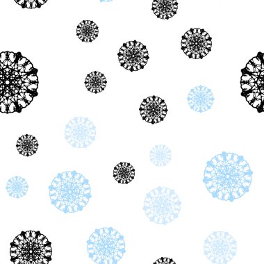 Açık mavi vektörlü, parlak kar taneleriyle kusursuz bir düzen. Bulanık arkaplanda kar ve eğim. Pencere panjurları ve perdelerin dizaynı için desen.