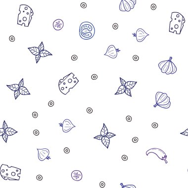 Koyu pembe, mavi taze malzemelerle Dikişsiz desen vektör. Gıda doodle tarzı ile güzel renkli resimde. Desen reklamlar Kahvaltı, Öğle Yemeği, akşam yemeği için.