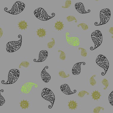 Açık yeşil, sarı vektör sorunsuz doodle şablonuyla yaprak ve çiçek. Renkli resimde doodle tarzı yaprakları, çiçekleri ile. Cep telefonu arka plan için şablon.