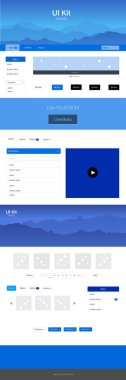 Hafif mavi vektör tasarım UI kiti manzara ile. Basit malzeme tasarım kiti üstbilgisindeki renkli Dağları ile. Açılış sayfanızın Turizm için örnek.