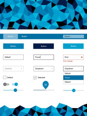 Koyu mavi vektör web UI kiti poligonal tarzı. Arka plan üzerinde renkli stil rehberi üçgenler ile. Web siteleri, açılış sayfaları için güzel düzeni.