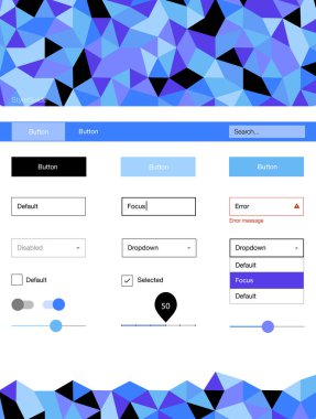 Hafif pembe, mavi vektör tasarım UI kiti ile mozaik. Dekoratif UI takımı tasarım renkli kristaller ile soyut tarzda. Bu örnek açılış sayfanız için mu.