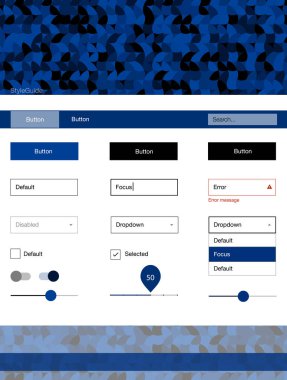 Koyu mavi vektör UI ux kiti daireler ile. Arka plan üzerinde renkli stil rehberi daireler ile. Sen-ebilmek kullanma için açılış sayfaları bu şablonu.