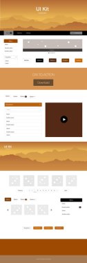 Koyu turuncu vektör malzeme tasarım kiti ile tepeler. Güzel UI ux kiti ile renkli başlığını dağlarda. Bu örnek için turist sitesidir.