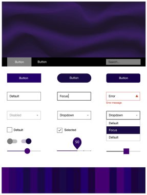 Eğri daireler ile koyu mor vektör tasarım UI kiti. Degrade yarı ton mermer stiliyle yaratıcı çizimde. Bu örnek açılış sayfanız için mu.
