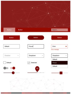 Koyu kırmızı vektör tel kafes kiti kristalleri, daireler ile. UI Ux kiti başlığını poligonal renkli arka plan ile. Bu örnek için sitesidir.