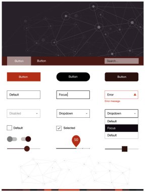 Koyu kırmızı vektör tasarım UI kiti mozaik, daireler ile. Web Kullanıcı arabirimi kiti ile soyut üçgenler, başlığını çevrelerde. Bu örnek açılış sayfanız için mu.