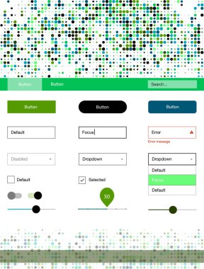 Karanlık çok renkli vektör tasarım UI kiti noktalı. Arka plan üzerinde renkli stil rehberi daireler ile. Web siteleri, açılış sayfaları için güzel düzeni.