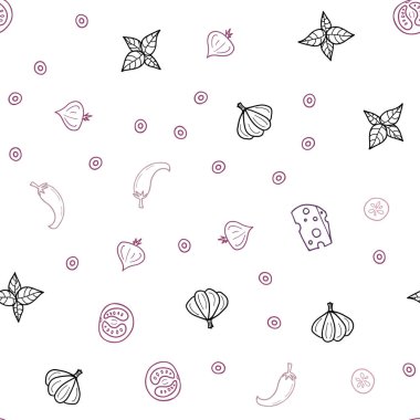 Koyu mor, pembe lezzetli atıştırmalıklar ile sorunsuz doku vektör. Dekoratif illüstrasyon gıda ile soyut şablonunda parlayan. Kafe işletme reklamınız için tasarım doodle.