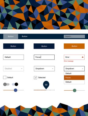 Koyu mavi, sarı stil rehberi üçgenler ile vektör. UI Ux kiti başlığını poligonal renkli arka plan ile. Bu web siteleri için kullanabileceğiniz şablon.