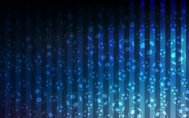 Futbol sembolleri ile koyu mavi vektör kapak. Glitteral renkli resimde soyut futbol topları ile. Poster, afiş ve spor karşılaşmaları için Tasarla.