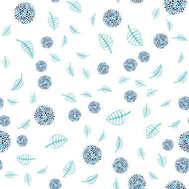 Açık mavi, vektör sorunsuz doodle zemin yaprak ve çiçek ile yeşil. Soyut illüstrasyon yaprakları, çiçekleri karalamalar tarzı ile. İş tasarımınız için yeni stil.