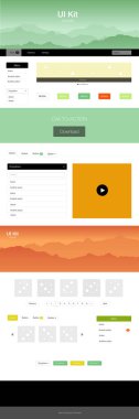 Açık yeşil, kırmızı vektör UI ux kiti tepeler ve kayalar ile. Arka plan üzerinde renkli stil rehberi Dağları ile. Açık hava etkinlikleri Web sitesi için şablon.
