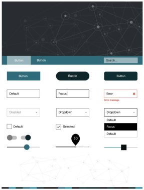 Koyu mavi vektör tasarım UI kiti mozaik, daireler ile. UI Ux kiti başlığını poligonal renkli arka plan ile. Bu örnek açılış sayfanız için mu.