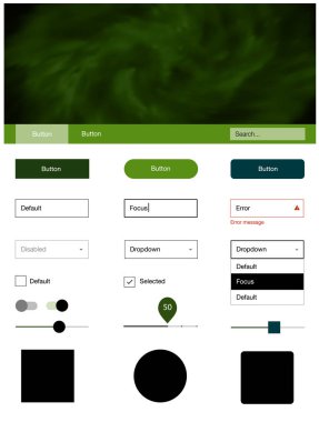 Koyu yeşil yıldız ile malzeme tasarım kiti vektör. Web Kullanıcı arabirimi kiti ile onun üstbilgisindeki soyut degrade bulutlar. Web siteleri, açılış sayfaları için güzel düzeni.