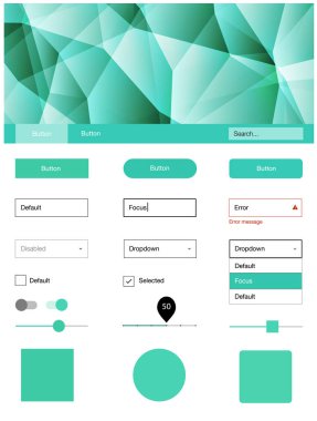 Açık yeşil çizgilerle malzeme tasarım kiti vektör. UI Ux kiti başlığını poligonal renkli arka plan ile. Web siteleri için basit renkli tasarım.
